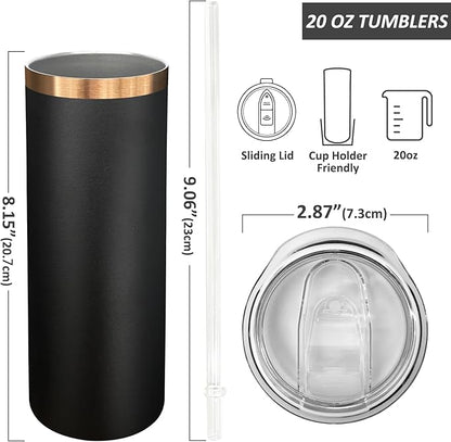 20 oz Skinny Tumblers Bulk 4 Pack, Stainless Steel Insulated Tumbler with Lids and Straws, Slim Double Wall Powder Coated Travel Coffee Mugs Reusable Cup for Hot Cold Drinks (Black,4 pack)