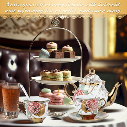 Zhehao 20 Pcs Porcelain Tea Set with Metal Holder and Spoon Adult Ceramic Tea Party Set European Flower Painting Teapot Cup Saucer Spoon Set for Women, Large Version(Bright Style)