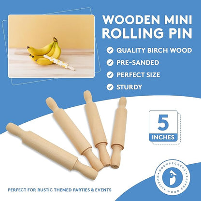 Wooden Mini Rolling Pin, 5 Inches Long, Pack of 12, Great for in The Kitchen, Play-doh, Crafting and Imaginative Play, by Woodpeckers