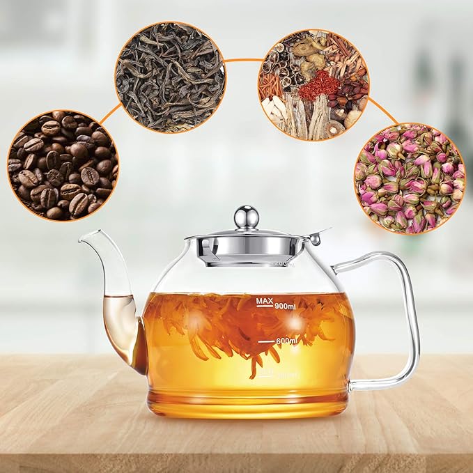 STNTUS Glass Teapot, 40 oz. / 1200 ml for Loose Tea, With Infuser and Stainless Steel Strainer, Stovetop Safe, 4-6 Cups