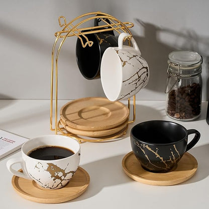 LUKA Ceramic Demitasse Espresso Cups Set with Saucers and Metal Stand, 8 oz Porcelain Stackable Cappuccino Cups Teacup For Tea, Espresso, Latte, Coffee, Cafe Mocha, Set of 4, White & Black