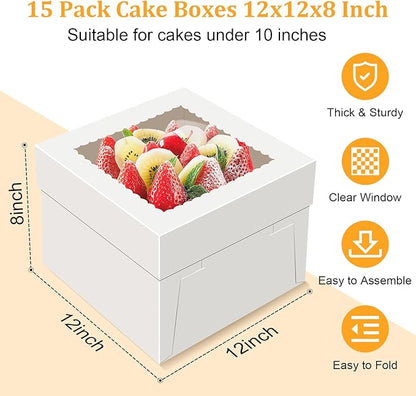 15 PCS Cake Boxes 12 Inch, 12x12x8 Tall Cake Box, 12 Inch Cake Box with Window, White Bakery Boxes, Large Baking Boxes, Cajas Para Pasteles, 12x12 Cake Boxes for Birthday, Wedding, Party, Business