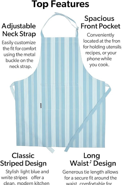 AMOUR INFINI Cotton Striped Aprons for Women with Pockets - Adjustable Strap and Waist Ties Printed Apron for Baking, Cooking, Gardening (27.5 x 33 Inches - Dove Blue)