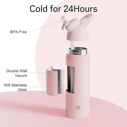 Insulated Water Bottle with Straw - Encool Stainless Steel Water Bottle, Reusable Leakproof and BPA-Free for Sports, Travel, Cold for 24 Hours, 24 oz, Cotton Candy