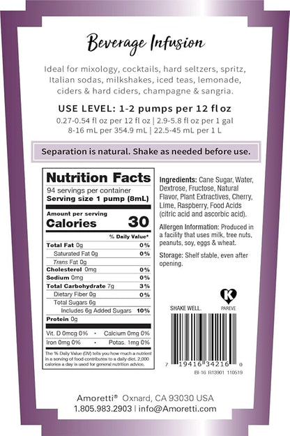 Amoretti - Cherry Lime Blue Raspberry Beverage Infusion Drink Mix & Water Enhancer with Pump for Flavoring Cocktails, Waters, Teas, and other Beverages, 94 Servings Per Bottle (750 ml)