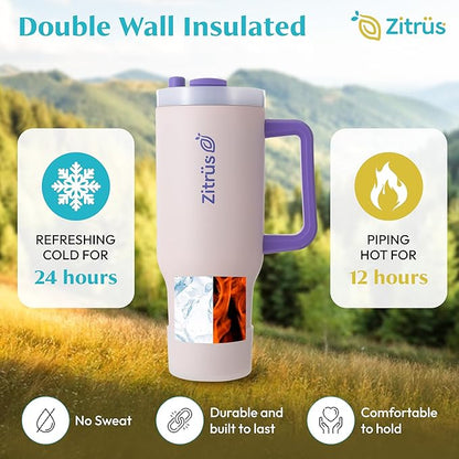 40 oz Tumbler with Handle and Straw | Leak Proof Insulated Stainless Steel Water Bottle Travel Mug Fits in Cup Holder | Keeps Cold Hot | Gifts for Women Men Him Her (Pink, 40 oz)