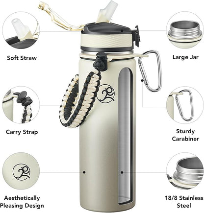 GOSWAG Insulated Sports Water Bottle, 24oz 2 Lids(with Straw/No Straw), Stainless Steel Water Bottles with Paracord Handle, Insulated Bottle with Double-Wall Vacuum Insulation