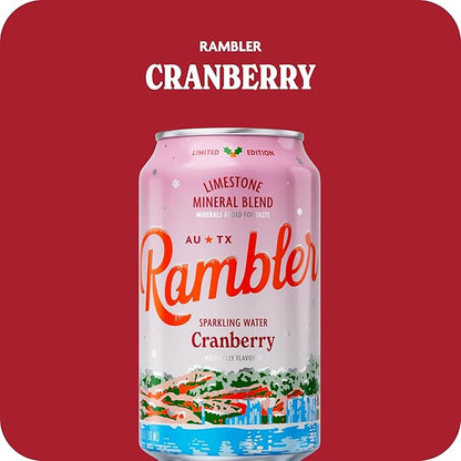 AUTX RAMBLER Sparkling Water, Texas Limestone Mineral Blend, Cranberry Flavor, Limited Edition, 12-Ounce Cans, Three 8-Packs (24 Cans)