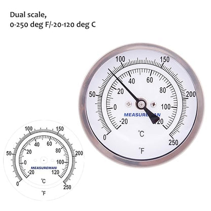 MEASUREMAN Fully Stainless Steel Pot, Kettle, Brewing Bimetal Thermometer, 3" Dial, 2-1/2" Stem, 0-250 deg F/-20-120 deg C, -1% Accuracy, Adjustable, 1/2" NPT Back Mount
