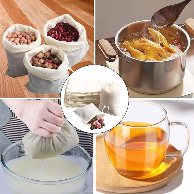 Eketirry Spice Bags, 10pcs Reusable Empty Tea Bags, Muslin Strainer Bags, Soup Bags for Cooking, Natural Cotton Fine Mesh Cheesecloth Bags for Cold Brew Coffee(3 x4" &7 x8")