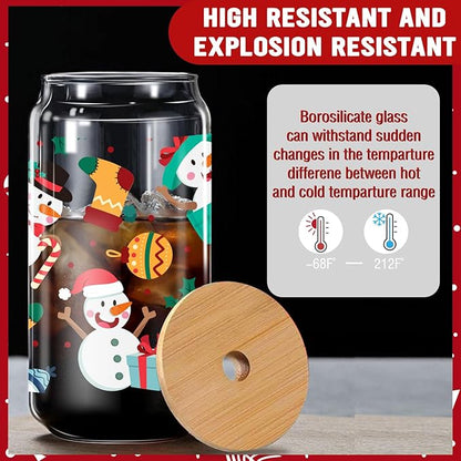 Christmas Snowman Glass, 16 Oz Winter Iced Coffee Glass with Straw and Lid, Winter Snowman Themed Perfect for Christmas and Holiday Celebration Decorations (One)