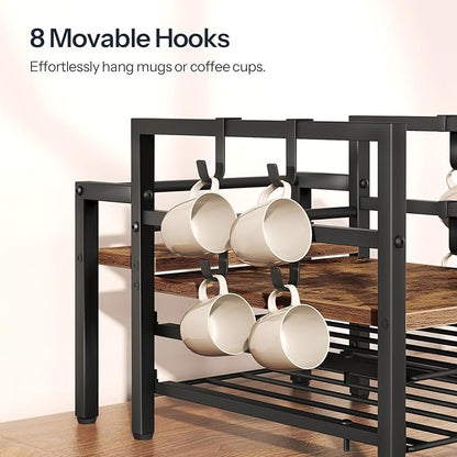 HOOBRO K Cup Holder, Coffee Pod Organizer for Counter, 70 Capacity Pods Storage Organizer, Coffee Maker Stand with Mug Rack, Coffee Station for Syrup, Rustic Brown and Black BF03CR01