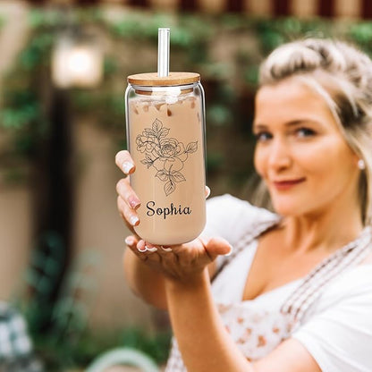 Personalized Tumbler for Women-Can Shaped Glass with Lids and Straws-18OZ Iced Coffee Cups with Lids, Flower Cute Glass Cups, Mothers Day Birthday Gift for Women Her (BirthFlower)