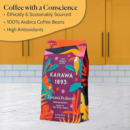 Kahawa 1893 Whole Bean Coffee Medium-Roast Tanzania Peaberry Blend 12 Oz - As Seen on Shark Tank, High Antioxidants, Naturally Sweet, Organically Grown, Ethically & Sustainably Sourced