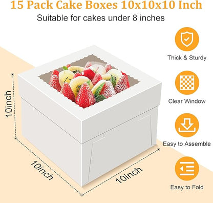 15 PCS Cake Boxes 10 Inch, 10x10x10 Tall Cake Box, 10 Inch Cake Box with Window, White Bakery Boxes, Large Baking Boxes, Cajas Para Pasteles, 10x10 Cake Boxes for Birthday, Wedding, Party, Business