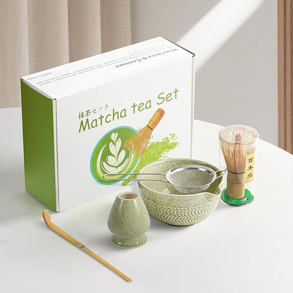 Matcha Whisk Set, Ceramic Matcha Set, Matcha Bowl with Spout, Matcha Whisk & Holder, Sifter and Bamboo Scoop, 5 Pcs Matcha Kit, Matcha Tea Ceremony Gifts for Matcha Lovers & Starter (Matcha Green)