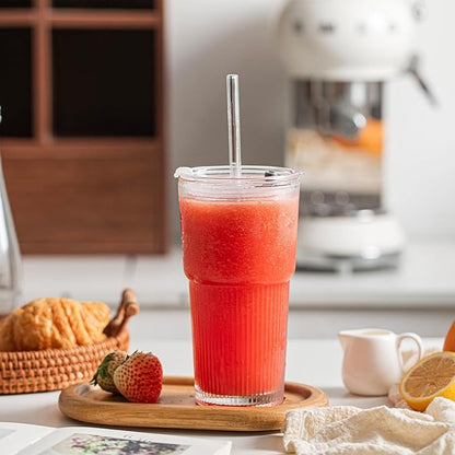 INSETLAN 530ml Glass Cups with Straws & Straw Cleaner, Set of 4, Clear Ribbed Drinking Glasses with Plastic Lids for Water, Juice, Iced Coffee & Smoothies, Dishwasher Safe