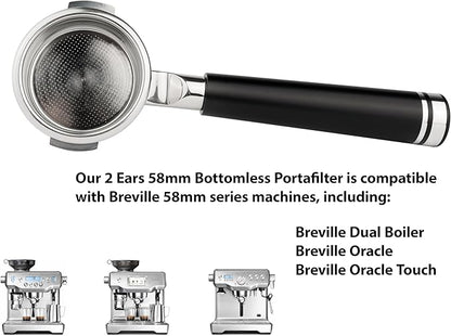 LILQ 58mm Bottomless Naked 2 Ears Portafilter Compatible with Breville Machines– Includes 18–20g Basket (Aluminum Flat, 58mm For Breville)