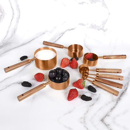 Collection 8 Piece Rose Gold Measuring Cups Set and Measuring Spoons, Golden With fragrant wood Handles-Complete Set of Measure Cups and Spoons For Cooking and Baking.