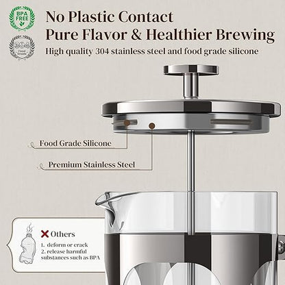 Veken French Press Coffee Maker 34oz,No Plastic Touching Cafe,Thickened Borosilicate Glass Stainless Steel Brewer,Cold Brew Cafetera Teapot for Kitchen Travel Camping,Gifts,Bar Accessories,Dark Pewter