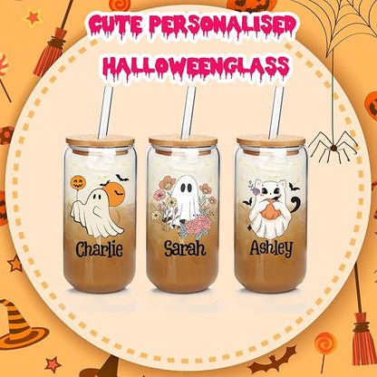 Personalized Halloween Tumbler- Boo Basket Stuffers - Can Shaped Glass with Lids and Straws18OZ -Cute Halloween Gifts for Boys Girls Kids Son Daughter
