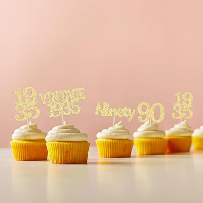 Gyufise 24Pcs 90th Birthday Cupcake Toppers Glitter Cheers to 90 Fabulous Ninety Vintage 1935 Cupcake Picks 90th Birthday Wedding Anniversary Party Cake Decorations Supplies Gold