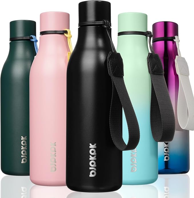 BJPKPK Insulated Water Bottles, 18 oz Stainless Steel Metal Water Bottle with Strap, BPA Free Leak Proof Thermos, Mugs, Flasks, Reusable Water Bottle for Sports & Travel, Black