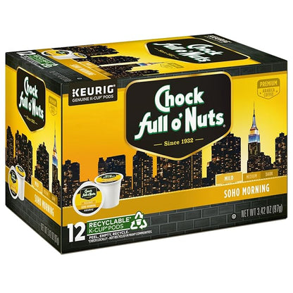 Chock Full o'Nuts Soho Morning Coffee, Mild Roast, Compatible with K-Cup Pods, 12 CT (Pack of 3)