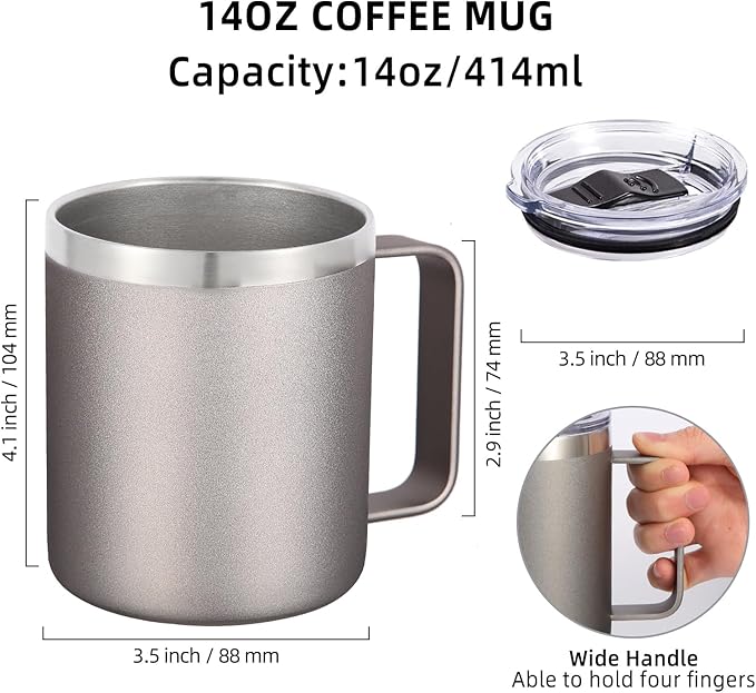 Volhoply 14oz Insulated Stainless Steel Coffee Mug with Lid Bulk 8 Pack,Double Wall Vacuum Travel Coffee Cup with Handle,Reusable Metal Cups Tumbler,Camping Mugs Keep Hot,Ideal Gifts(Gray,8 Set)