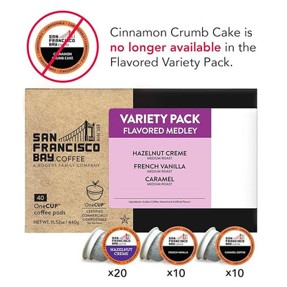 San Francisco Bay Compostable Coffee Pods - Variety Pack Flavored (40 Ct) K Cup Compatible including Keurig 2.0, Hazelnut, Cinnamon, Caramel, Vanilla Flavored Coffee
