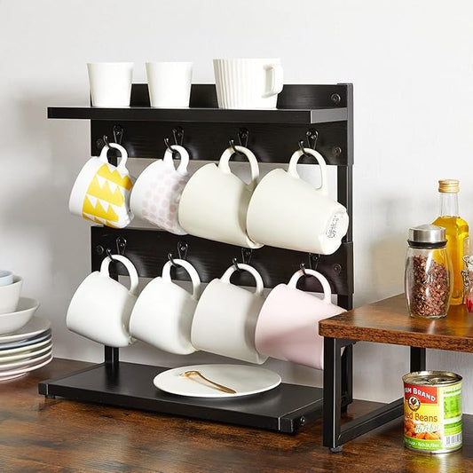 IBUYKE Rustic Coffee Mug Holder Stand, 2 Tier Countertop Mug Tree Holder Rack with Storage Base, Vintage Mug Holders for Kitchen, Holds 8 Mugs, Black UTBJ002B