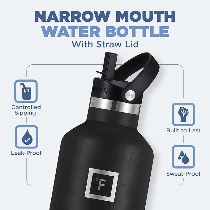 IRON °FLASK Camping & Hiking Hydration Canteens - 3 Lids (Narrow Straw Lid) Leak Proof Vacuum Insulated Stainless Steel - Hot & Cold Double Walled Sports Water Bottle - Morning Mist, 32 Oz
