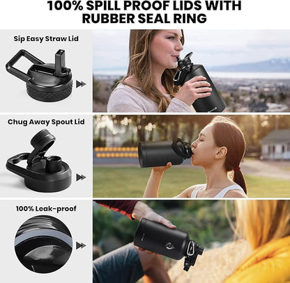One Gallon Water Bottle Insulated, Triple Walled Vacuum Stainless Steel (Cold for 48 Hrs), Leak Proof & Non-BPA, Large Water Flask Jug with Paracord Handle & Straw Spout Lids