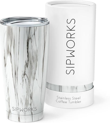 Stainless Steel Coffee Tumbler: Double-Wall Vacuum Insulated Spill-proof Travel Mug Metal Coffee Cup with Lid, 20-Ounce White Marble