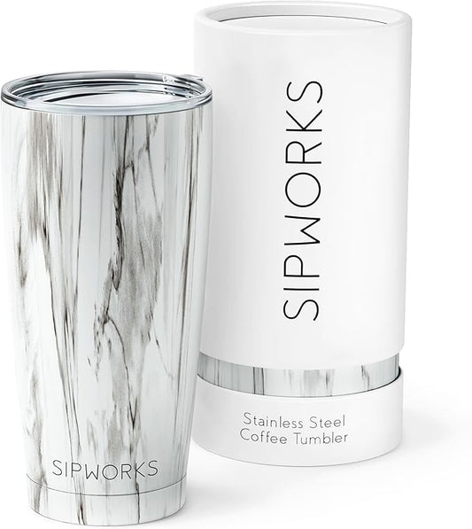 Stainless Steel Coffee Tumbler: Double-Wall Vacuum Insulated Spill-proof Travel Mug Metal Coffee Cup with Lid, 20-Ounce White Marble