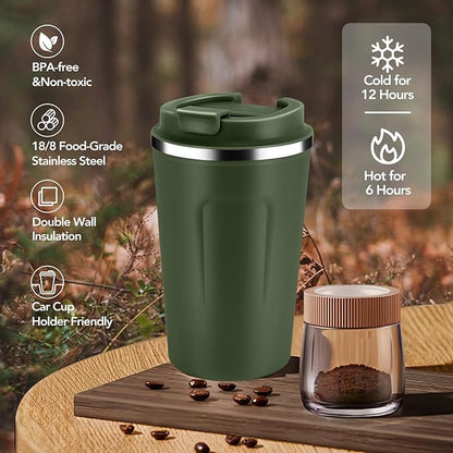 Volhoply 12 oz Double Wall Insulated Vacuum Travel Coffee Mug with Flip Lid,Reusable Stainless Steel Leak Proof Coffee Cup,Portable Cafe Thermal Tumbler Suitable for Hot&Cold Drinks(Army Green,1 Set)