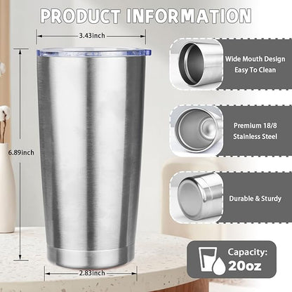 20 oz Tumbler with Lids and Straws, Stainless Steel Insulated Coffee Tumbler, Double Wall Vacuum Insulated Travel Mug Cup, Leakproof Thermal Coffee Cup for Hot and Cold Drinks (Silver)