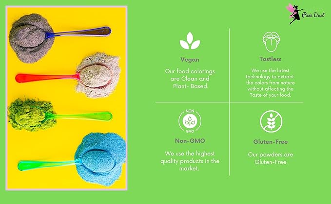 All-Natural Food Coloring Powder set. Colors: Red, Yellow, Blue, Green. Dye-Free/Plant-Based/Non-Carmine/Non annatto/FLAVORLESS by PIXIE DUST (Medium .17 oz Each Color .68 oz/20 gr Total)