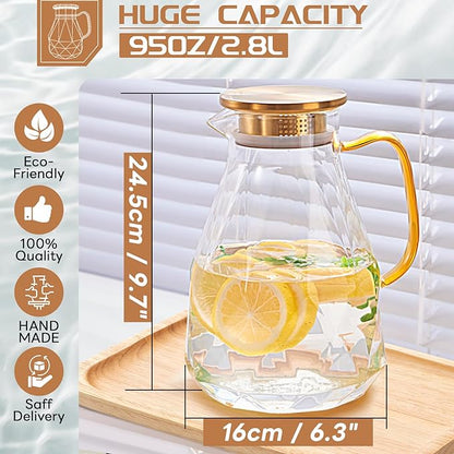 Yirilan 2.8 Liter Glass Pitcher with Lid, Transparent, Thermal Shock Resistant, Microwave Safe, Natural, 2.8L, Round, 6x12 Inches