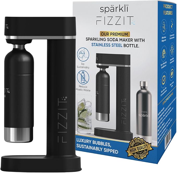 Stainless Steel Black Sparkling Water and Soda Maker Machine with 3 Black Stainless Steel 1L Re-Usable Bottle