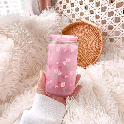 SANDJEST Floral Glass Can, Tulip Iced Coffee Aesthetic Cup, Gift for Christmas Birthday, Gifts for Women Girls, 16oz