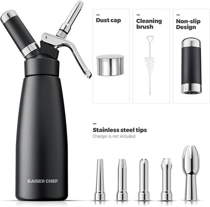 Professional Aluminum Whipped Cream Dispenser - 1000 mL/2 Pint,Whipped Cream Maker Canister with 5 Decorating Nozzles & Cleaning Brush - Need To Use N2O Chargers (Not Included) (Black, 1000ml)
