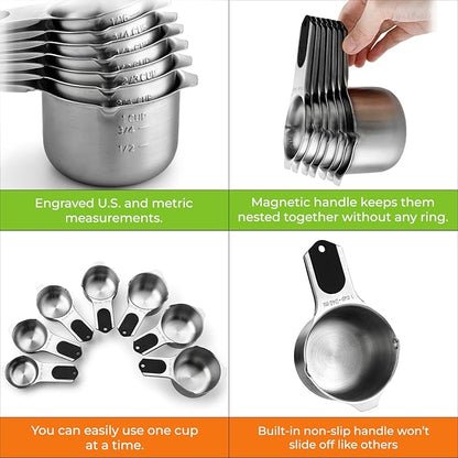 Spring Chef Magnetic Stainless Steel Measuring Cups (Patent Pending), Kitchen Tools with Easy to Read Markings for Measuring Dry or Liquid Ingredients, Set of 7, Black