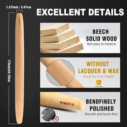 WALFOS French Rolling Pin for Baking, 17 Inch Natural Beech Wood Rolling Pins, Kitchen Dough Roller for Fondant, Pizza, Pie, Cookie and Pastry