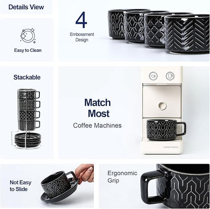 Sureasy Ceramic Espresso Cups Set of 4 – 4 oz Black Stackable Cappuccino Cups with Saucers and Metal Stand, Embossed Mugs for Latte, Mocha, Tea, and Specialty Coffee