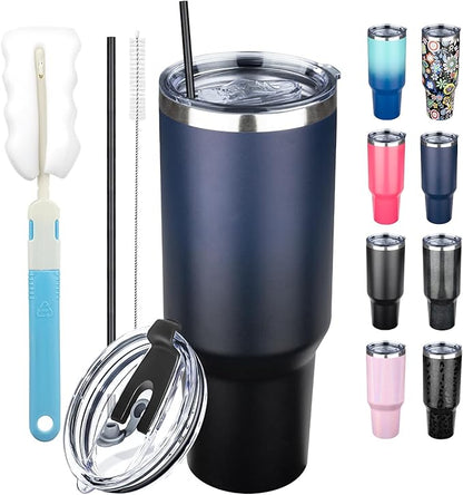40 oz Tumbler with Lids and Straws, Stainless Steel Insulated Coffee Tumbler, Double Wall Vacuum Insulated Travel Mug Cup, Leakproof Thermal Coffee Cup for Hot and Cold Drinks (Indigo Black)