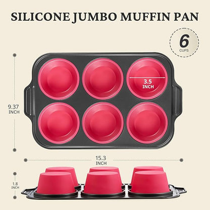 BRONYPRO Jumbo Silicone Muffin & Cupcake Pan for Baking with Metal Frame, Extra Large 3.5dia Muffin Tins Easy to Pop Nonstick Non Toxic Bakeware for Oven, Rose Pink