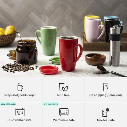 MITBAK 6-Pack Ceramic Coffee Mug Set with Lids (16-Ounce) | Large Colored Insulated Tumbler Mugs Set Great for Taking Your Coffee & Tea To-Go | Excellent Choice for Camping, Travel & Office