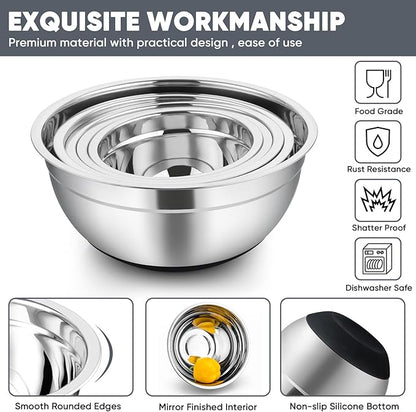 TeamFar Mixing Bowls with Lids Set, 7/3.5/2.5/1.5/1 QT, Stainless Steel Large Metal Salad Nesting Bowl, Non-Slip Silicone Bottom & Airtight Lid, Healthy & Deep - Set of 5(Black)