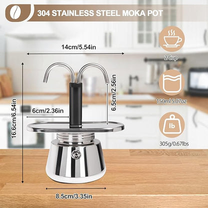 Uncoated 2 Cup Dual Pipe Moka Pot 304 Thickened Stainless Steel Mini Coffee Maker Stovetop Espresso Coffeemaker Italian Classic Style Brewing Greca Cafe Mocha Machine for Camping Travel Home 150ml